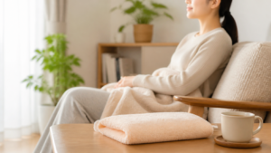 温かいタオルを用意して腰まわりをいたわる場面