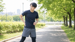 ジョギング中に股関節まわりを気にするランナー