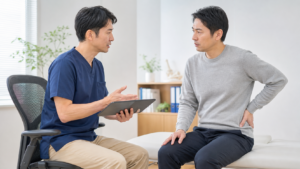 股関節の違和感について相談するクリニックの場面