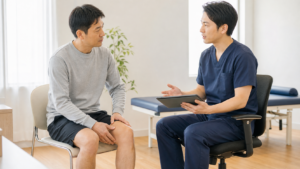 膝の違和感についてクリニックで相談する場面