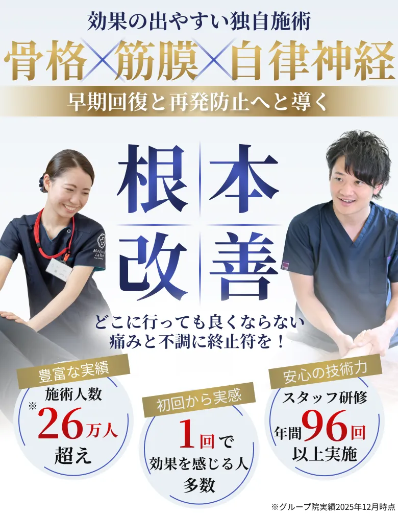 効果の出やすい独自施術|骨格・筋膜・自律神経|早期回復・再発防止へと導く|根本改善