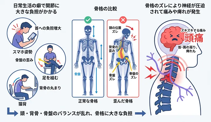 姿勢や関節のズレが指に負担をかけ、動かしにくさや痛み、しびれを引き起こします。
