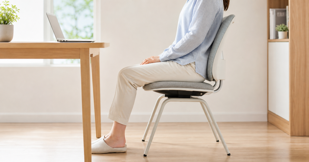 膝に負担がかかりにくい姿勢で椅子に座る様子
