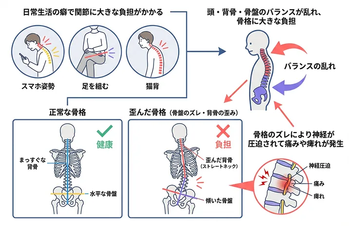スマホ姿勢・足を組む・猫背が関節への負担増加